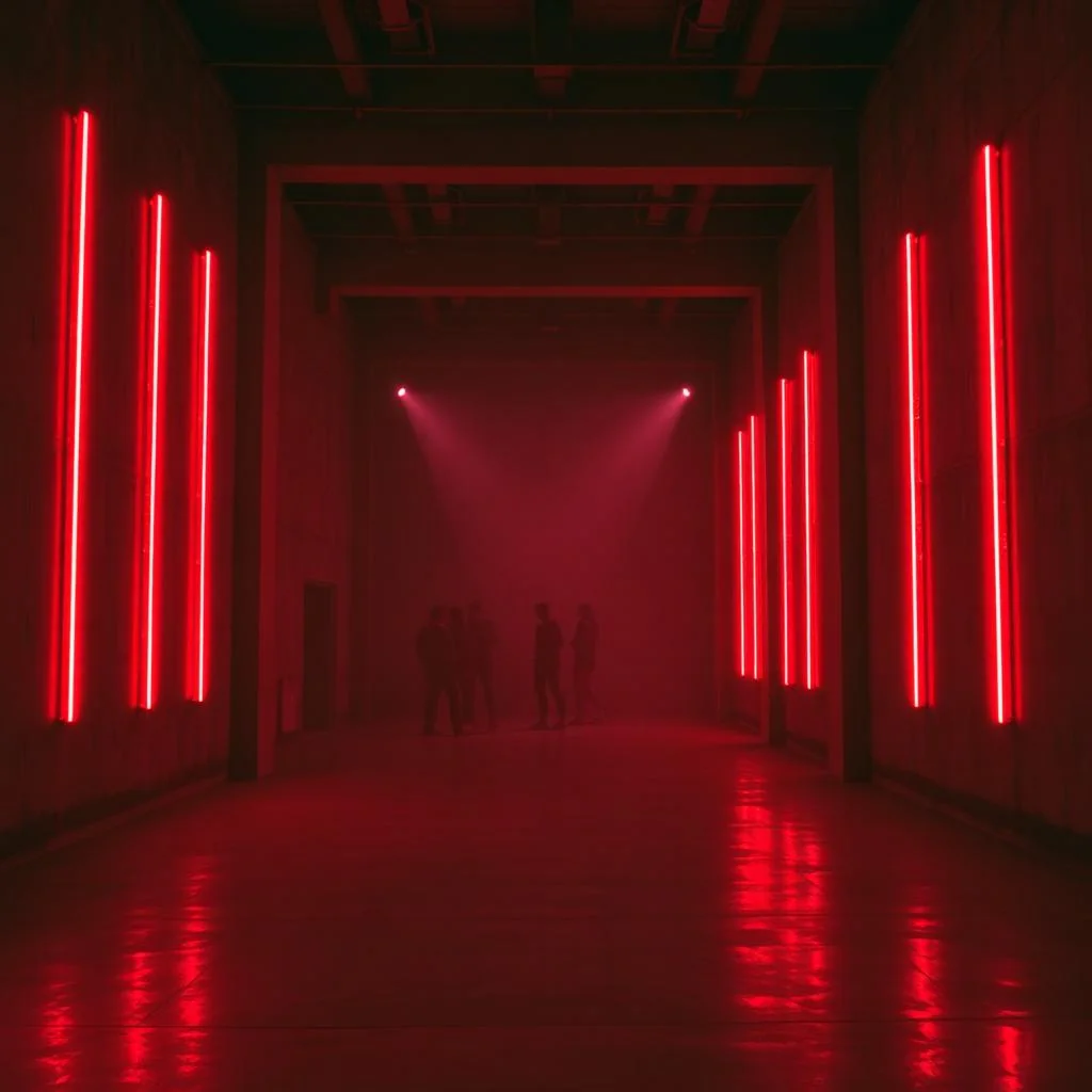 Industrial floor with red lights